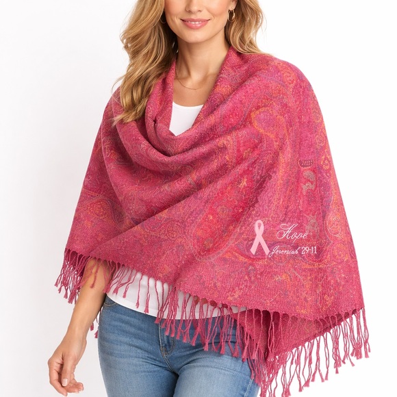 Accessories - Hope Breast Cancer Awareness Scarf Pink Paisley Fringe Wrap Shawl, NWOT